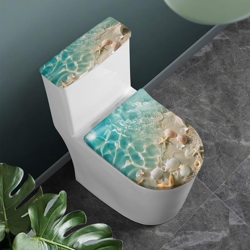 CREAMIC Sea Shell Toilet Lid Cover and Toilet Tank Cover 2 Piece Set Toilet Seat Cover with Elastic Edge Keep Dust Stain Machine Washable Seat Covers Fits Most Lids for Accessories Decor - Image 2